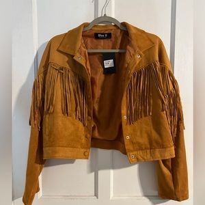 NWT Camel faux suede fringe jacket size L